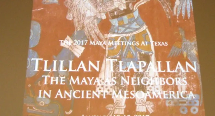 This photo shows a slide from a presentation given at the Maya Meetings.